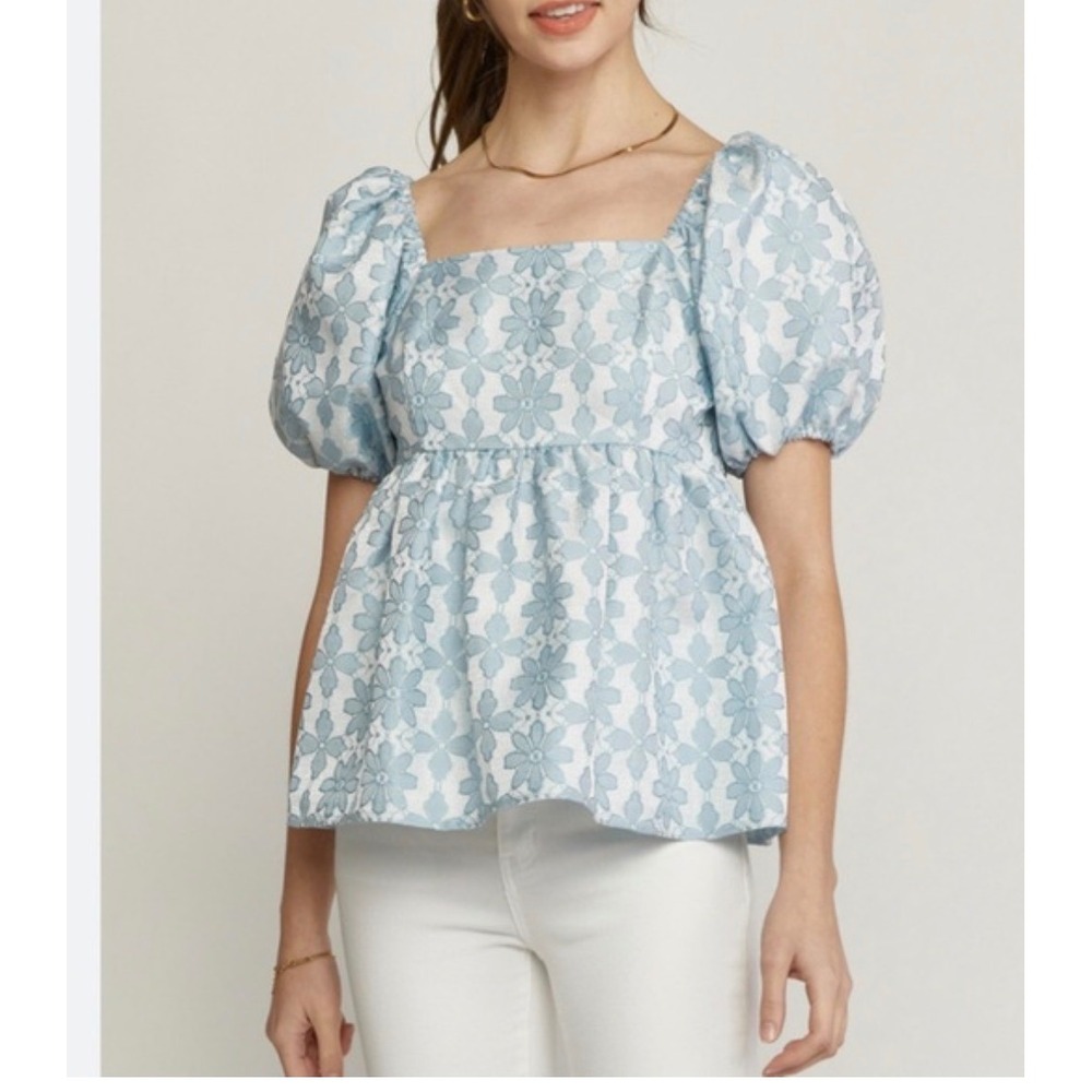 Floral Lace Puff Sleeve Babydoll Top Light Blue Square Neck Peplum Blouse
